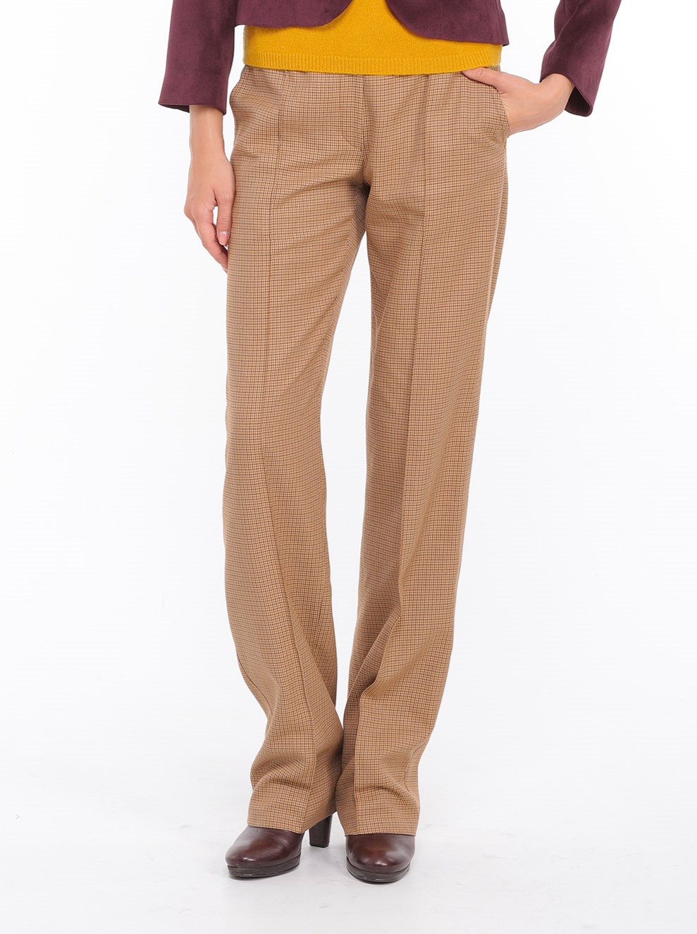 Pantalon droit à petits carreaux beige